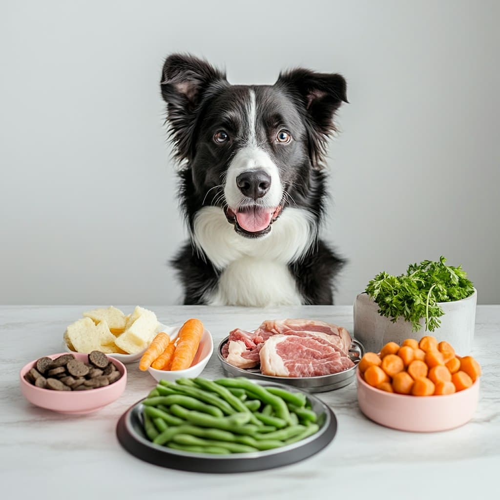 Border collie looking at bowls of fresh food on a table