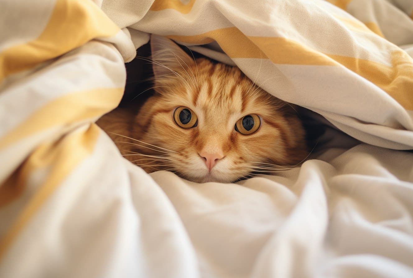Orange tabby cat peeking out from under a striped blanket