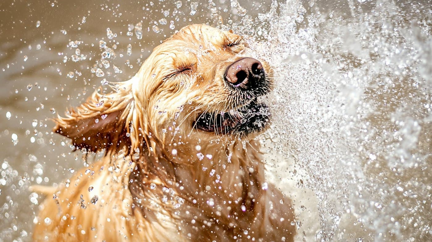 Golden retriever shaking off water on a hot day