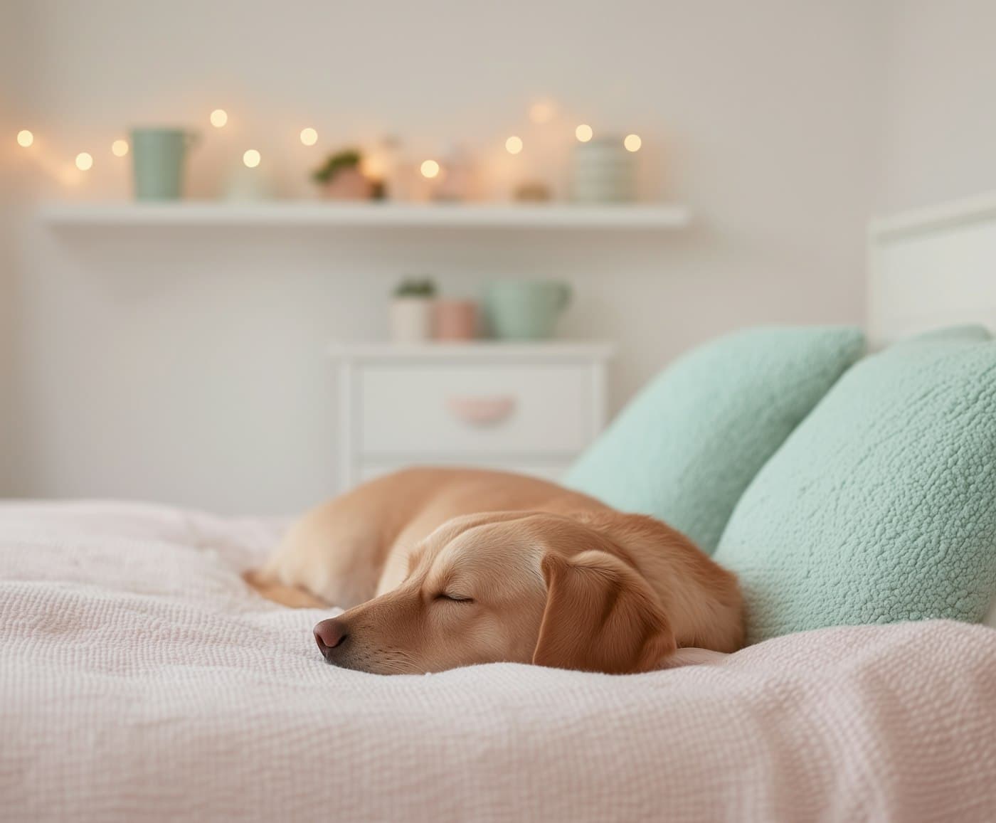 Golden puppy asleep on a soft bed in a calm bedroom