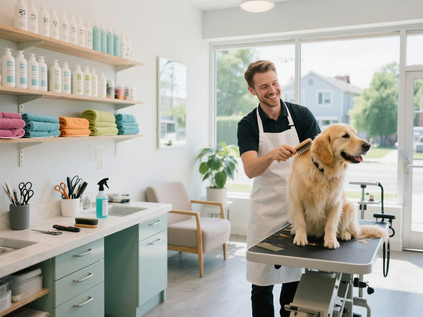 Groomer brushing a golden retriever on the table in a bright grooming studio