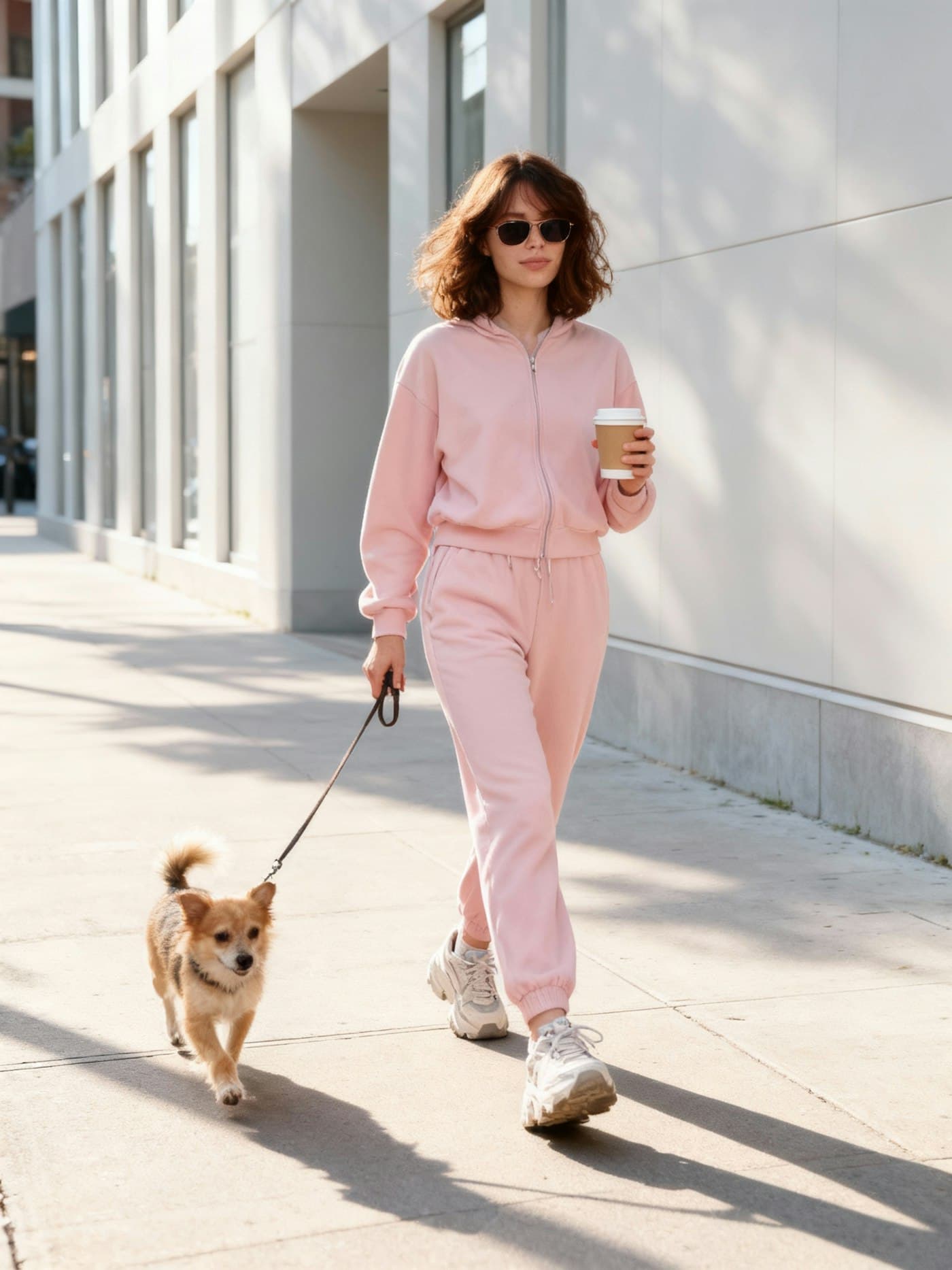 Noa walking a small fluffy dog on a sunny city sidewalk
