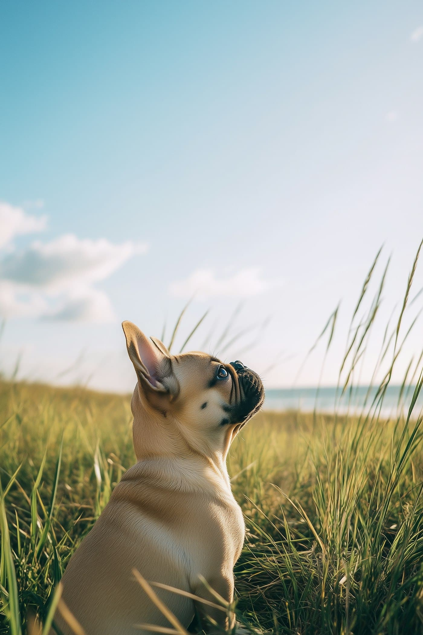 French bulldog puppy sitting in tall grass looking up at the sky