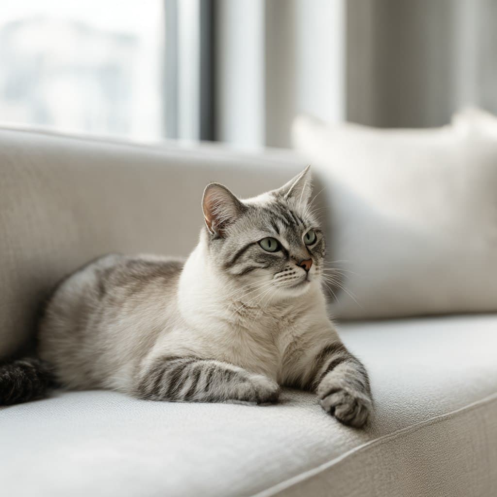 Grey tabby cat resting on a light sofa by a window