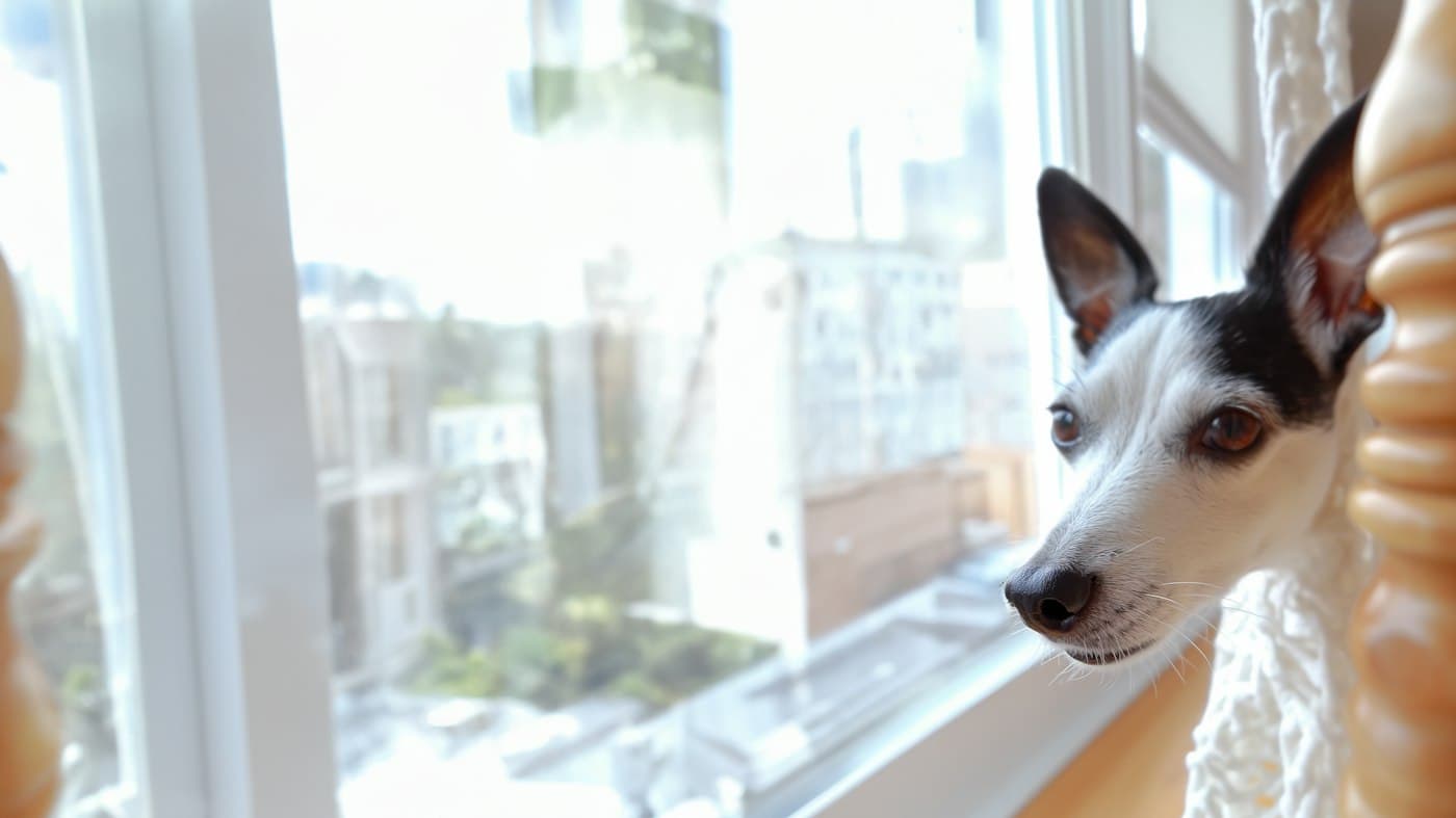 A small black and white dog looking out of an apartment window