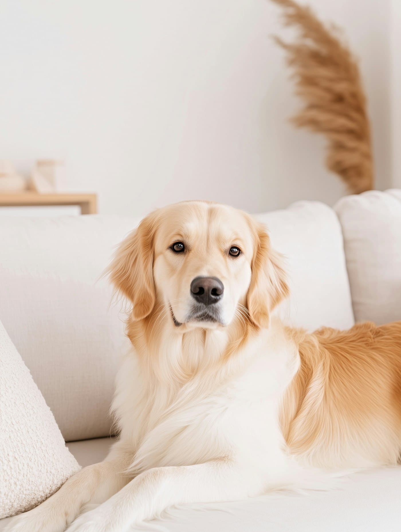 Golden retriever resting on a cream sofa at home