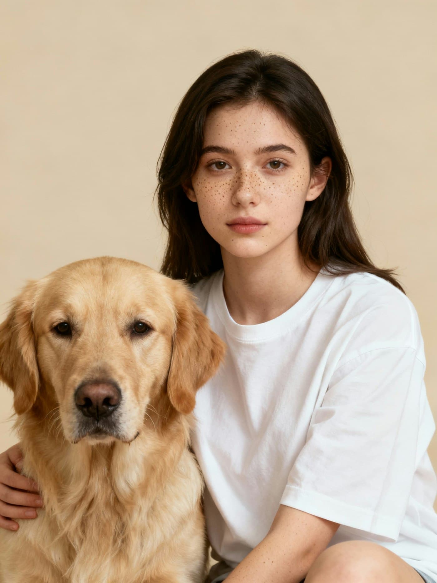 A young woman sitting close to her golden retriever
